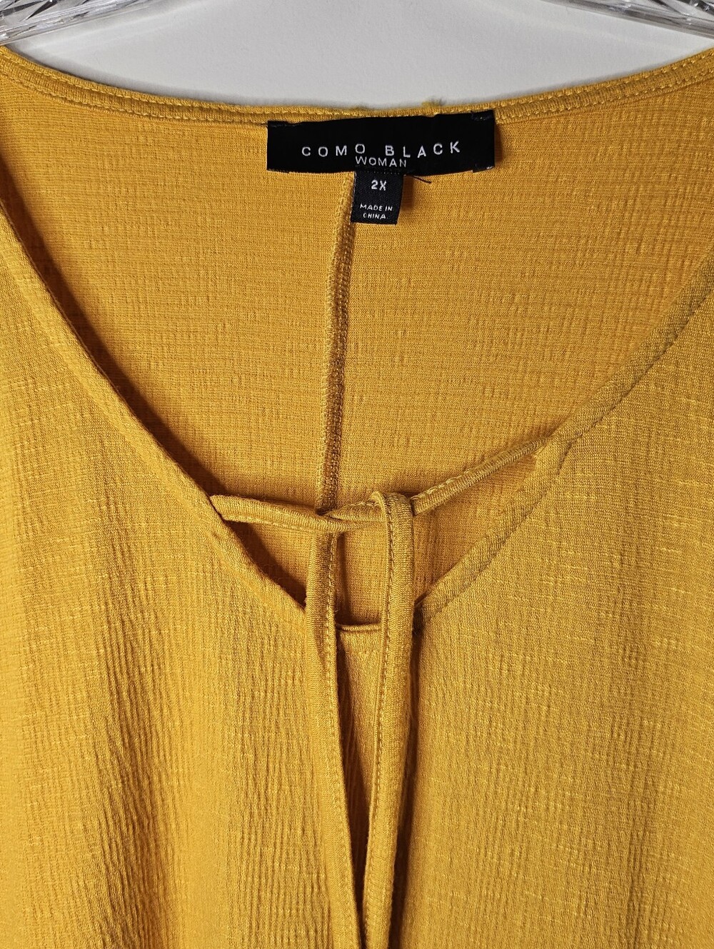 Como Black Women's Plus 2X Mustard Yellow Boho Lace Sleeve Tie Neck Tunic Top - Picture 8 of 11